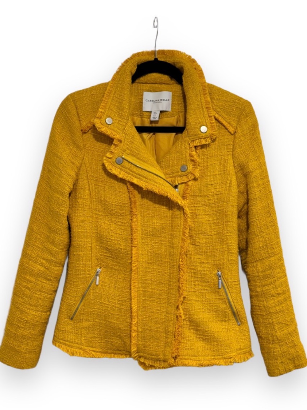 Carolina Belle Yellow 100% Cotton Tweed Frayed Moto Jacket NWOT